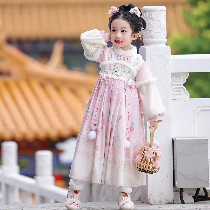 儿童汉服女童冬款加绒加厚连衣裙古风女孩拜年服襦裙古装演出服