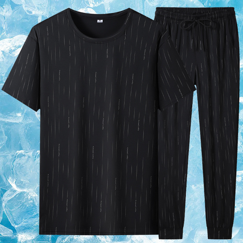 Verano nuevo traje deportivo de hombre delgado pantalones cortos de mangas cortas negras rayas de hielo para hombres tres piezas de manga corta