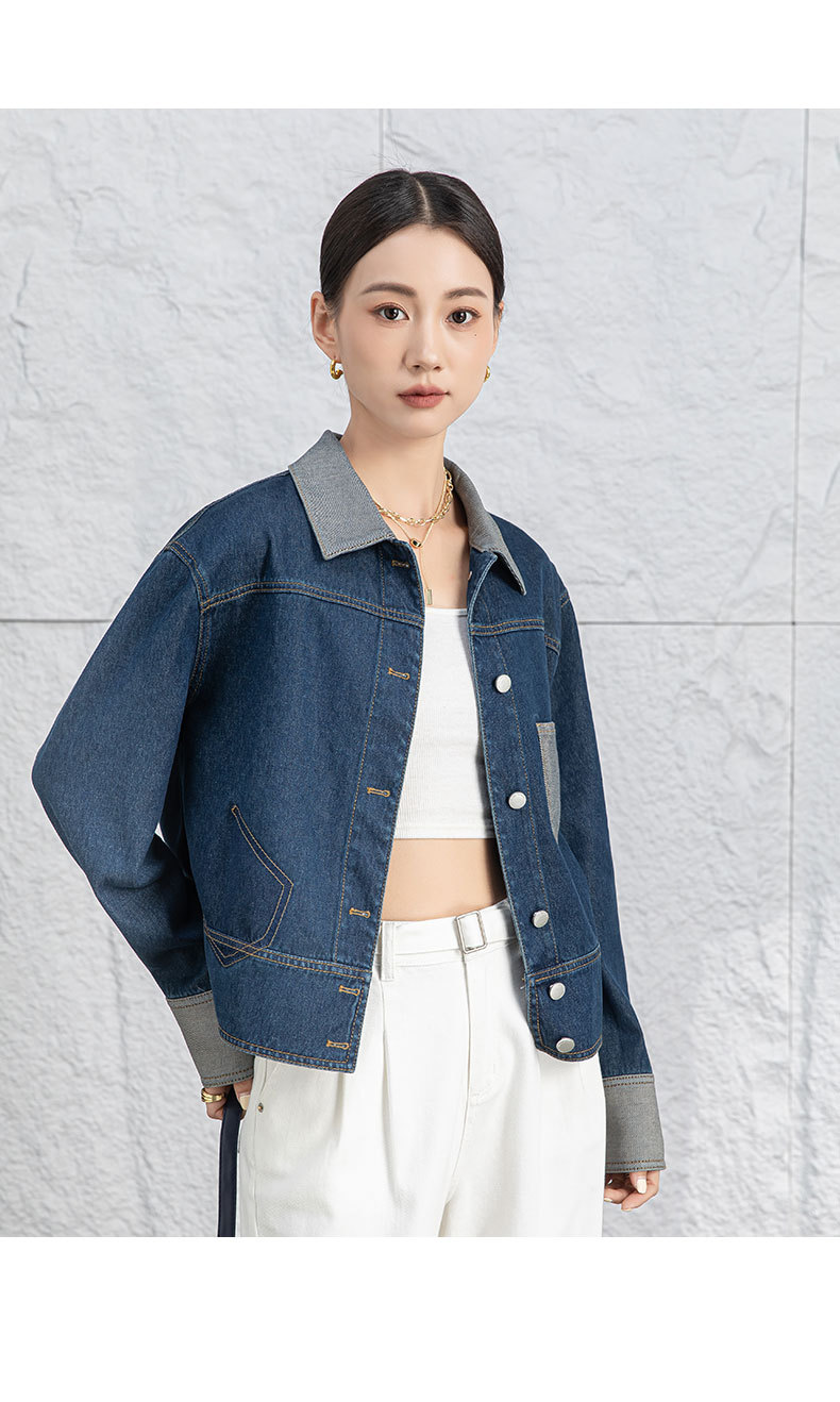 Áo khoác denim nữ dáng ngắn cổ bẻ, phong cách Hàn Quốc — Xanh lam hoài cổ chi tiết 22