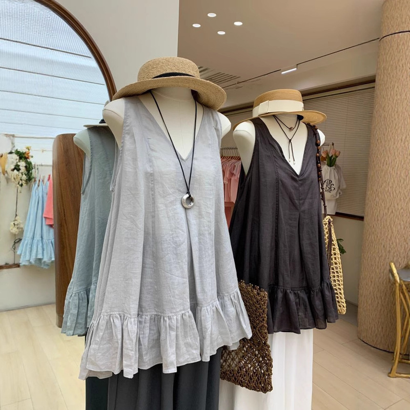 Korean New Style 2025 Summer Ruffled A-Hem Slimming Look Lazy Sleeveless Shirt with Straps and Backless Loose V Neck Vest