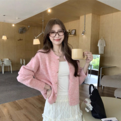 外穿洋气甜美粉色针织开衫女秋季2025新款宽松显瘦单排扣百搭毛衣