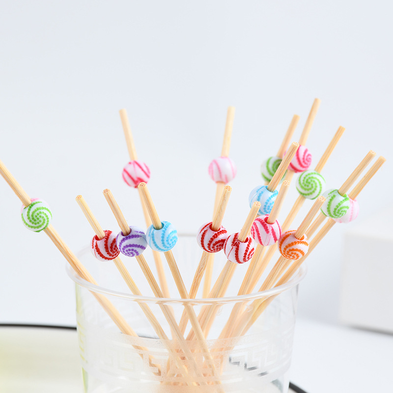 Frutas al por mayor bambú cuentas de color mezcladas color pastel creativo decoración horquilla de frutas para hacer postres postres