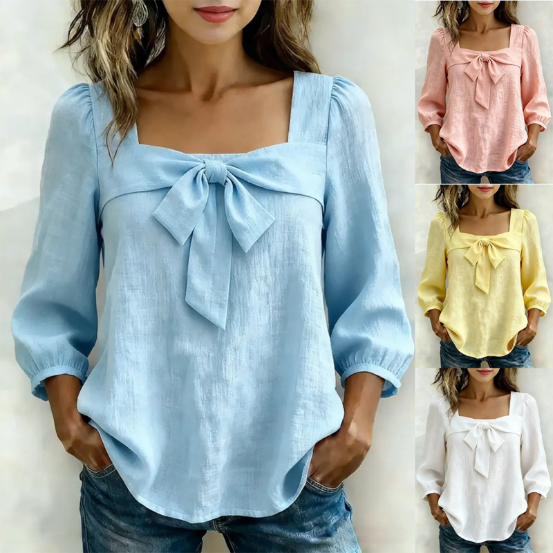 2026 European and American Cross-Border New Women's Casual Bow-Knot Square-Neck Pullover Women's Puff-Sleeve Top Shirt 2026 European and American Cross-Border New Women's Casual Bow-Knot Square-Neck Pullover Women's Puff-Sleeve Top Shirt