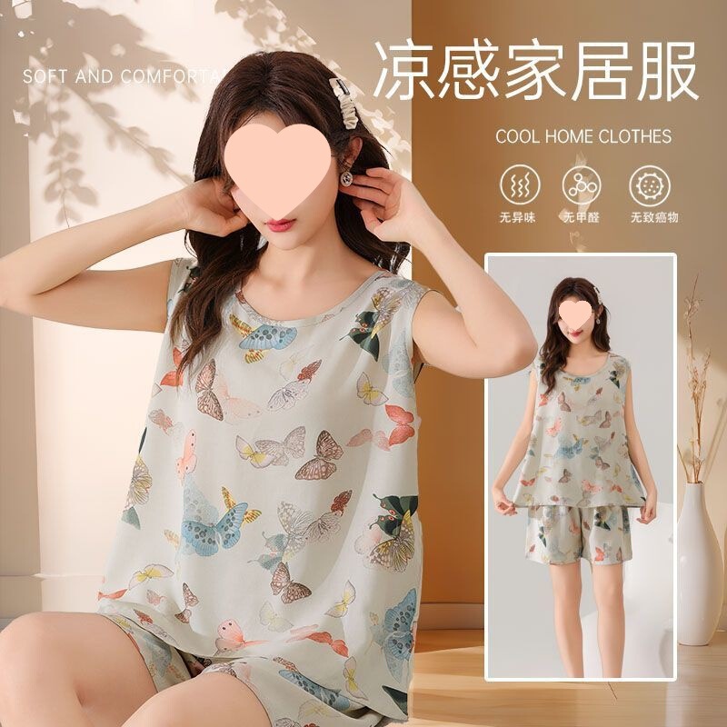 Cotton Silk Suit Thin Home Clothes Mom Pajamas Women's Summer Sleeveless Artificial Cotton Two-Piece Suit Can Be Worn Outside at Home