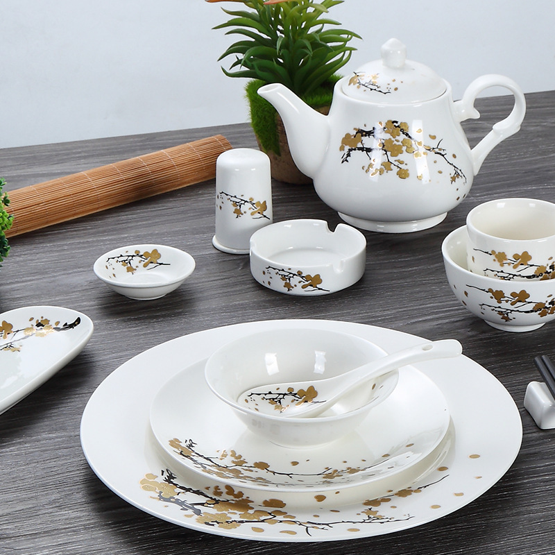 Chinese-style star hotel supplies table decoration tableware four-piece ceramic box decoration plate Bowl plate dish suit swaying golden plum
