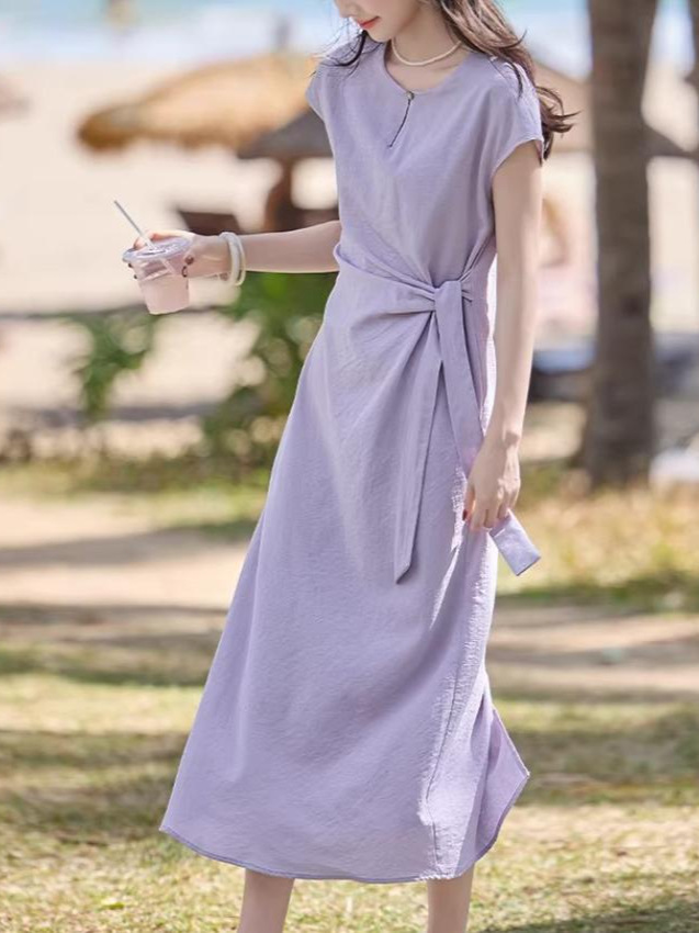 Đầm maxi nữ thắt eo tay ngắn dáng suông, thiết kế dây rút eo tôn dáng, phong cách Pháp thanh lịch mùa hè 2026 — Xanh tím