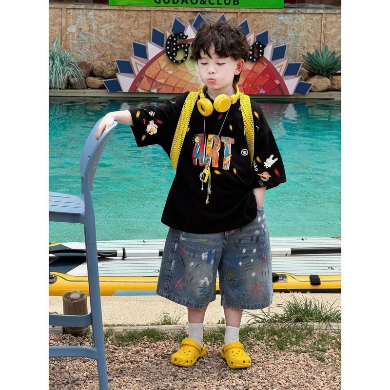 Summer Korean Style Trendy Boys' New Set Casual Loose Short-Sleeve Graffiti Denim Shorts Two-Piece Set Trendy Pants Summer Korean Style Trendy Boys' New Set Casual Loose Short-Sleeve Graffiti Denim Shorts Two-Piece Set Trendy Pants