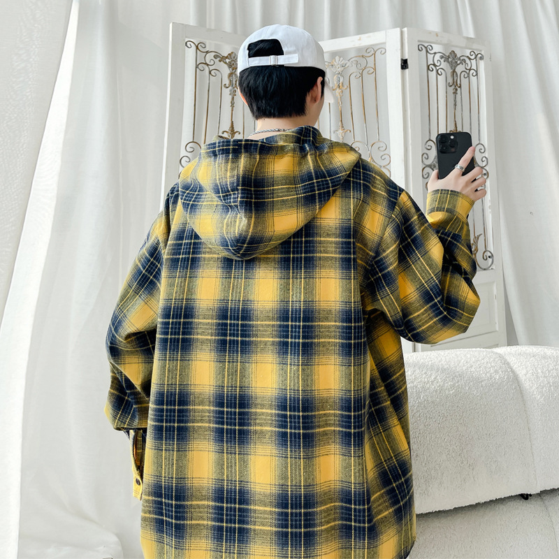 Plaid Hooded Long-Sleeve For Men 2025 Spring New American Retro Style Youth Oversized Loose Shirt Jacket_voghion.com