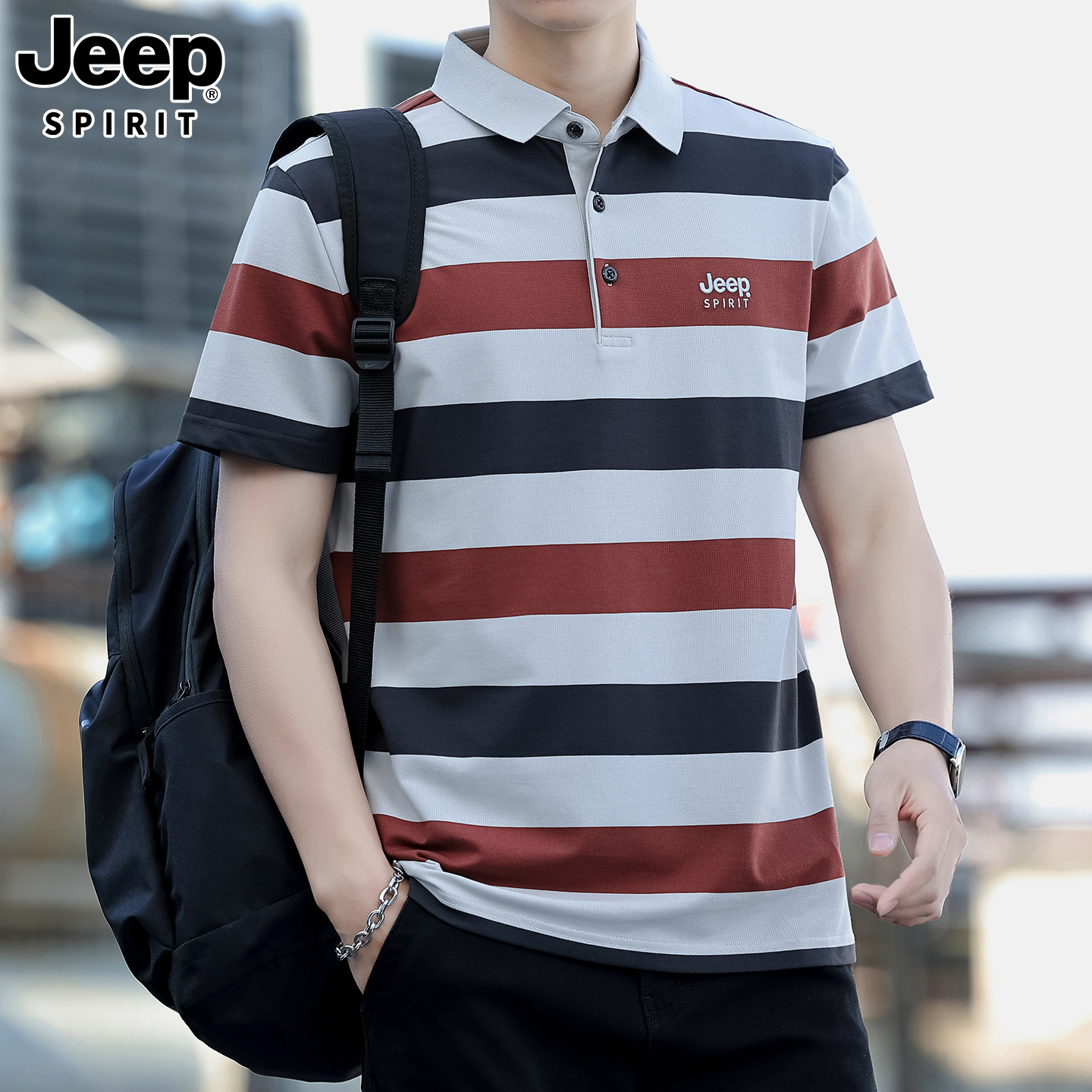 2026夏季JEEP SPIRIT新款男士时尚休闲T恤条纹商务刺绣POLO衫6816