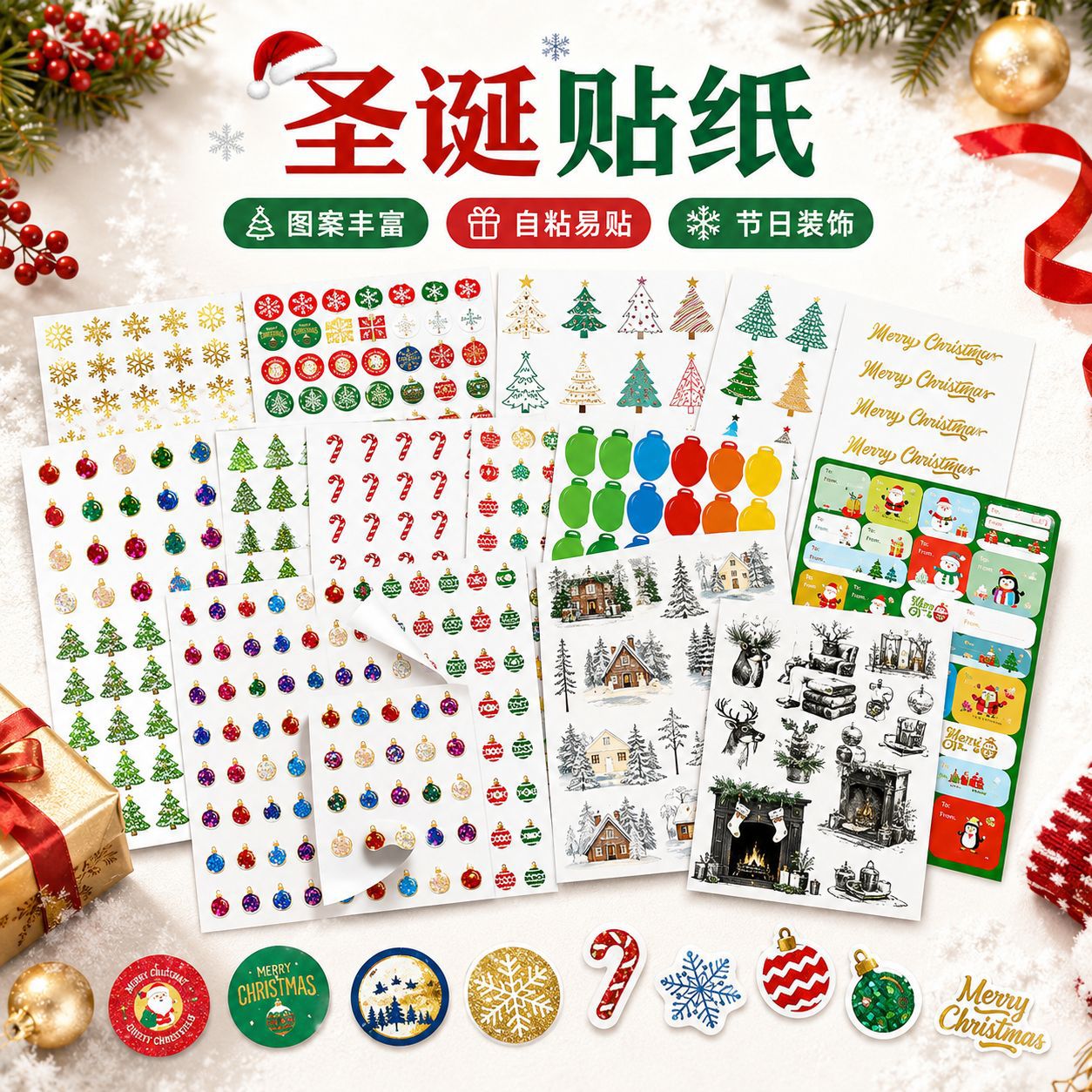 跨境圣诞贴纸装饰圣诞节老人文创贴画不干胶造景手账贴纸标签定制