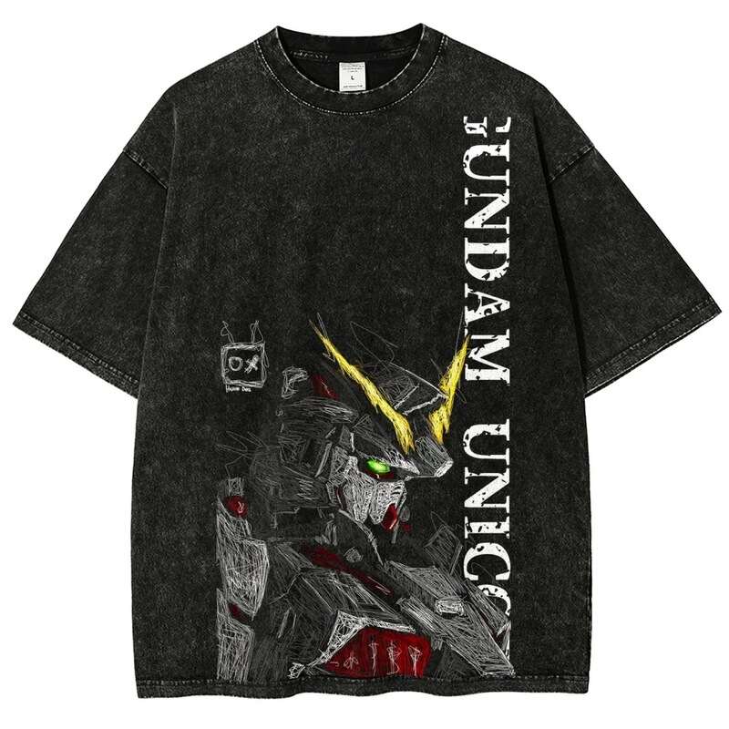 Gundam Unicorn T-Shirt Rx-0 Men's Sketch Art Vintage Acid Washed Mecha Streetwear Oversized Retro Japan