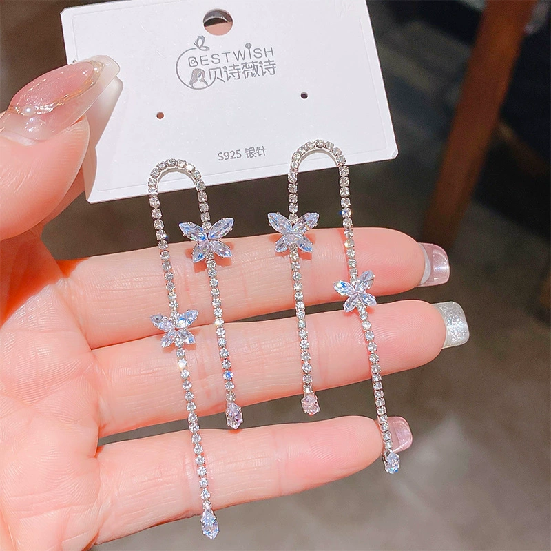Длинные серебряные серьги с бантом, серебряный штифт, модный цирконий с кисточками, цветочные, серебро 925, легкая роскошь