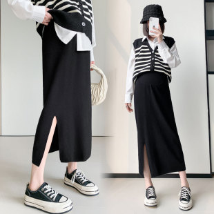 Real shot pregnant women autumn and winter fashion knitted belly support skirt high waist side slit slimming mid-length hip skirt