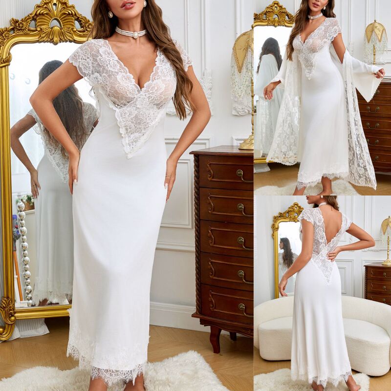 Extra-Long Black and White Lace Patchwork Dress, V-Neck Sleeveless Slim-Fit Dress That Can Be Worn Outside, Wholesale from Manufacturer, Nightgown