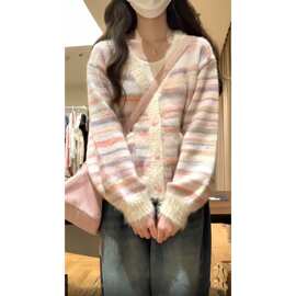小香风彩虹条纹毛衣开衫女春装宽松慵懒风奶系领针织衫外套秋冬