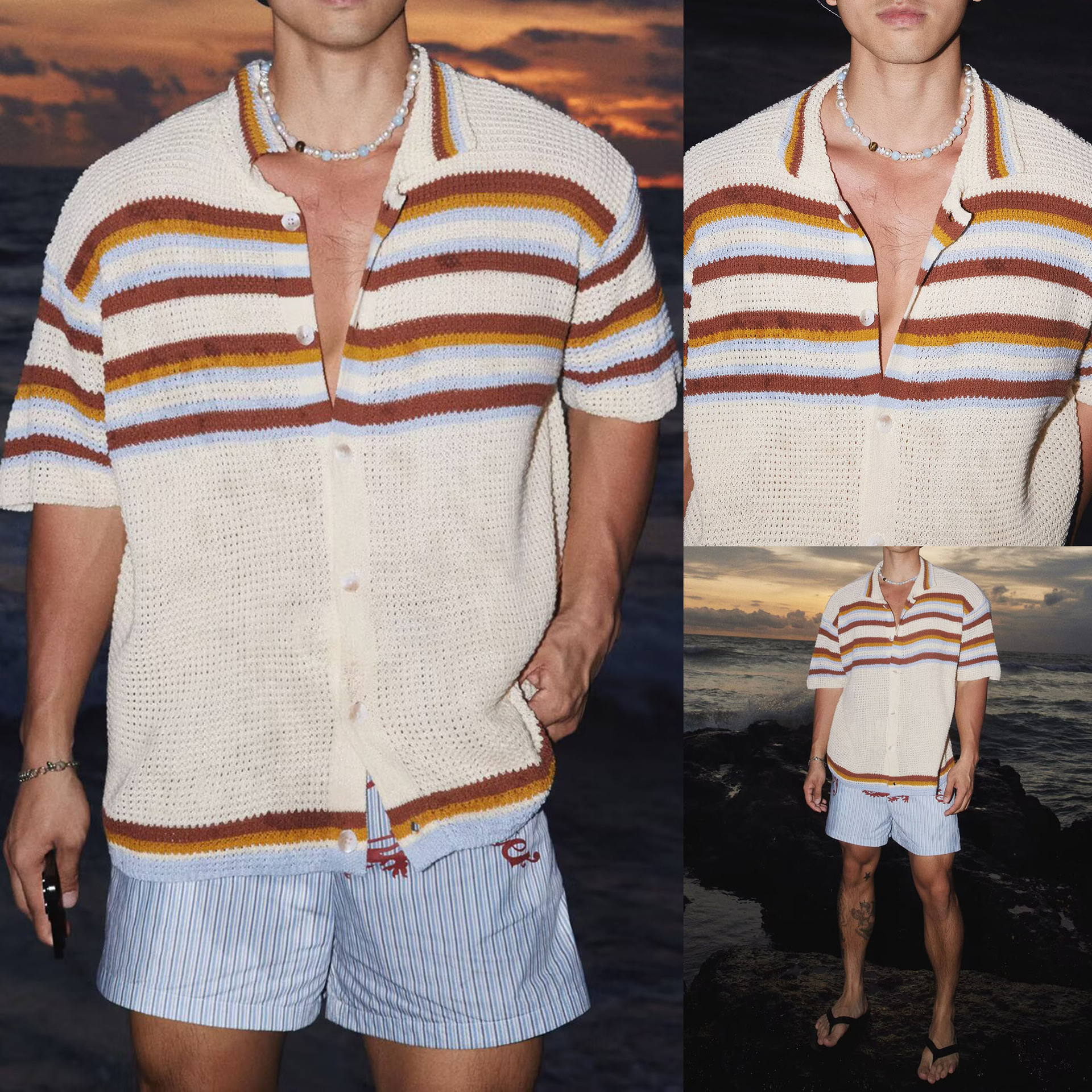 Polo camiseta camiseta de punto camiseta de manga corta camiseta de hombre cardigan rayas huecadas viejos vientos de verano fábrica transfronteriza al por mayor
