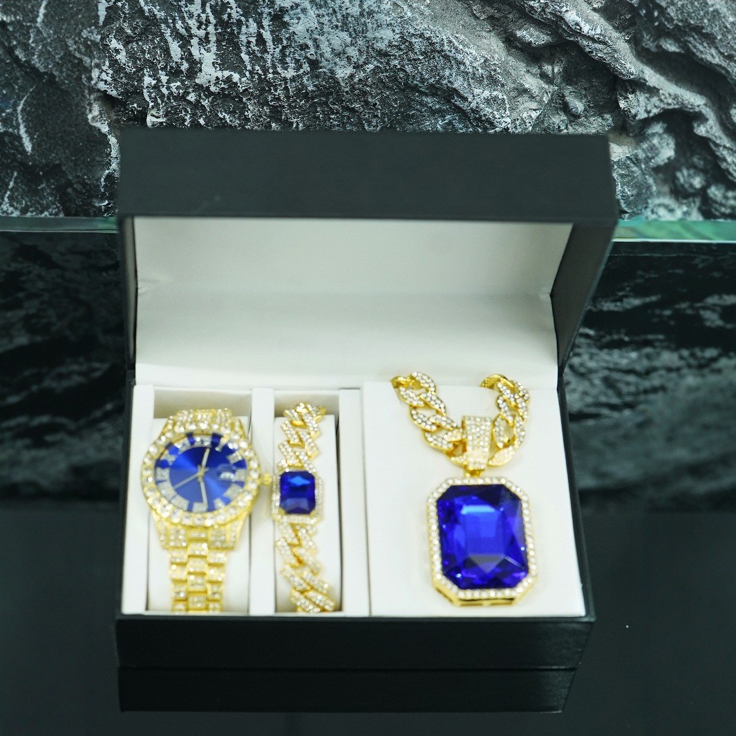Ventas transfronterizas calientes colgante de aleación de esmeralda roja pulsera collar reloj 5 piezas conjunto de joyas de regalo de alto nivel para hombres