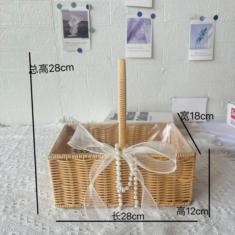 플라스틱 등나무 베이지 대형 직사각형 꽃바구니 + 리본 + 꽃머드 + 진주