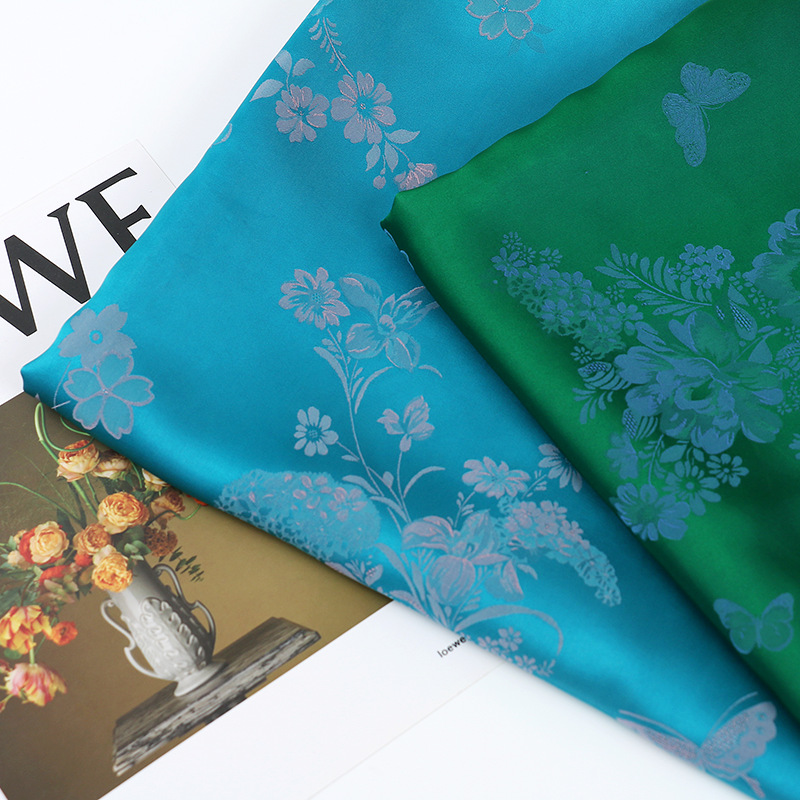 人丝无弹提花面料  古风汉服旗袍连衣裙面料 双色蝶恋花提花布料