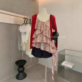 Y.JIA伊嘉 夏季韩系碎花荷叶边吊带背心+外搭针织开衫两件套装女
