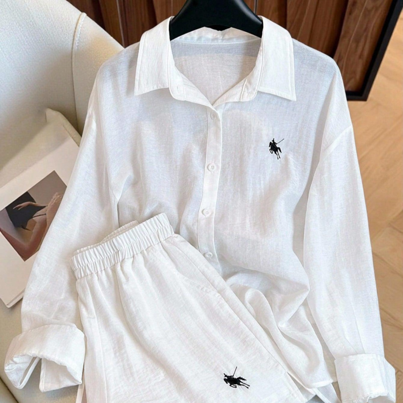 Polo Embroidered Shirt Set for Women, Loose Long-Sleeved Sun Protection Shirt + Shorts Two-Piece Set for Casual Vacation Polo Embroidered Shirt Set for Women, Loose Long-Sleeved Sun Protection Shirt + Shorts Two-Piece Set for Casual Vacation