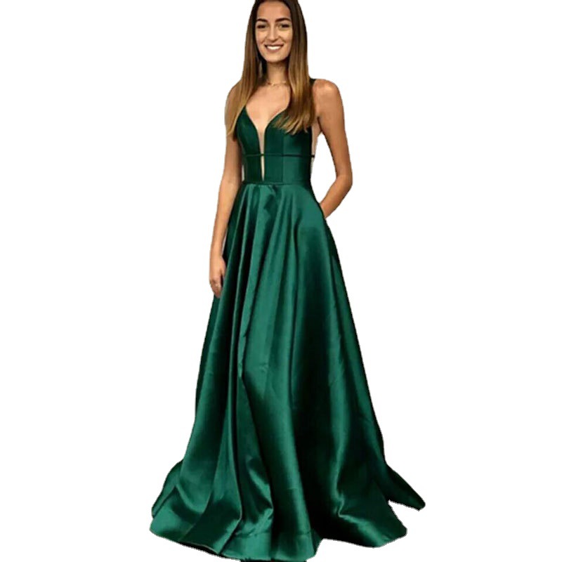 Comercio exterior europeo y americano amazon aliexpress deseo vestido de noche de las mujeres con cuello en v vestido largo verde una línea de vestido de satén image 5