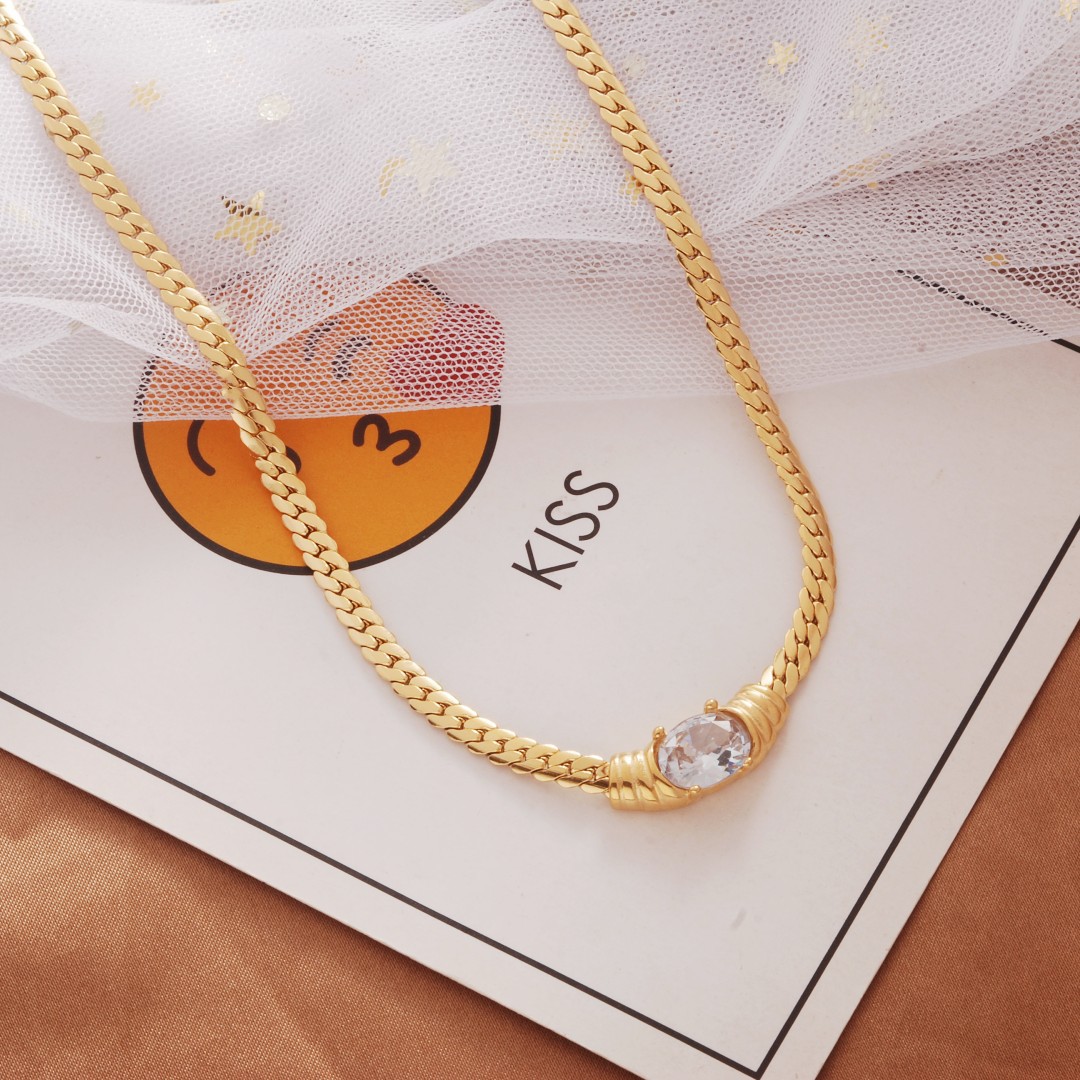 Titanium Steel Cuban Snake Bone Zircon Necklace For Women_voghion.com