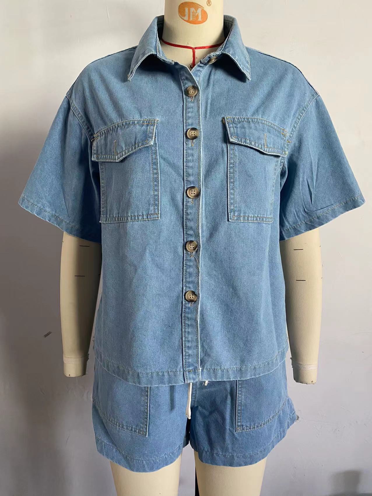 2026 Summer Cross-Border European American Trade Women's Casual Loose Pocket Short Sleeve Shirt And Denim Two-Piece Set_ecoleips.com