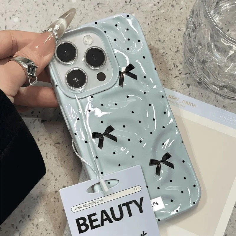 Black Polka Dot Bowknot Three-Dimensional Pleated Case Suitable for Apple 17 Pro Max Phone Case 16 Meteorite Pattern 15 Pro