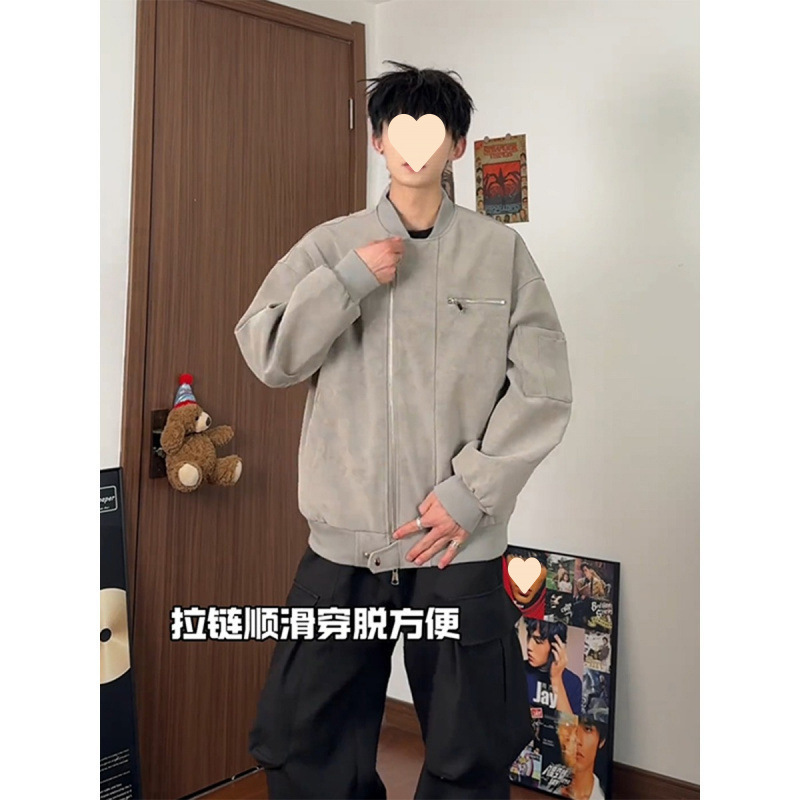 美式vintage棒球服男秋高街痞帅扎染皮夹克设计感短款工装外套潮|undefined