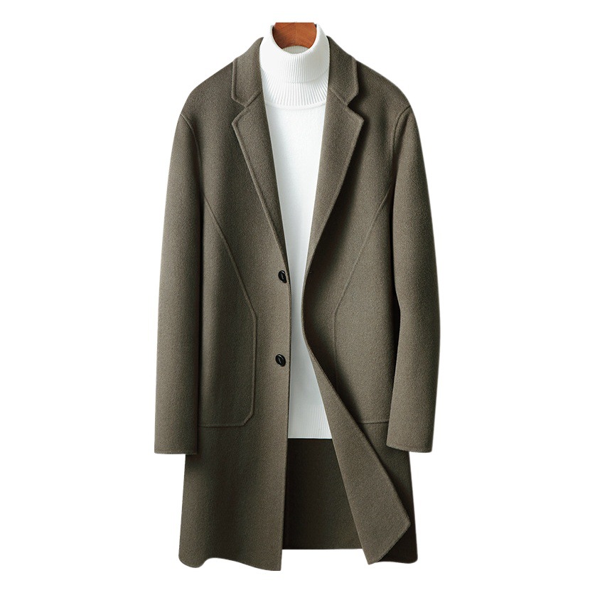 Abrigo de los hombres 2023 primavera y otoño hecho a mano abrigo de lana de doble cara para personas jóvenes y de mediana edad de color sólido casual abrigo de lana de longitud media