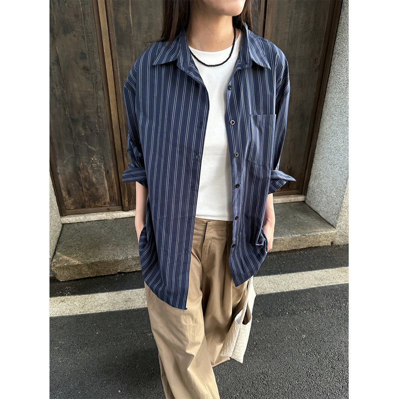 Yuyi High-End Style Color-Block Striped Long-Sleeve Shirt for Women, Chic and Luxurious, Age-Reducing Layered Top A5673