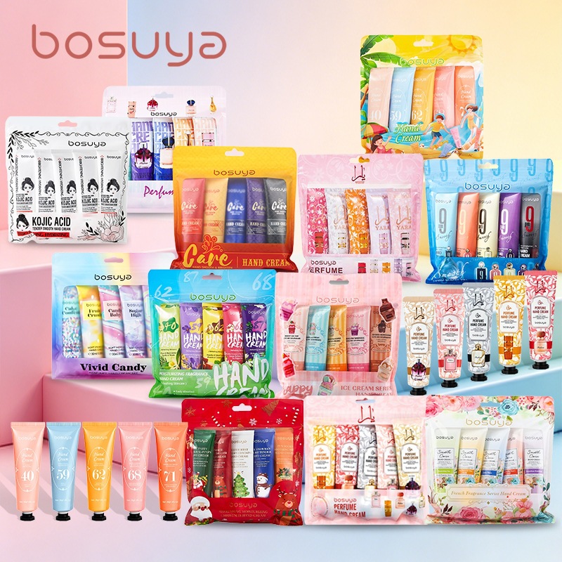 Suministro exclusivo transfronterizo de crema de manos con fragancia BOSUYA, hidratante y humectante, el popular set de cremas de manos de Amazon, paquete de 5 en bolsas.