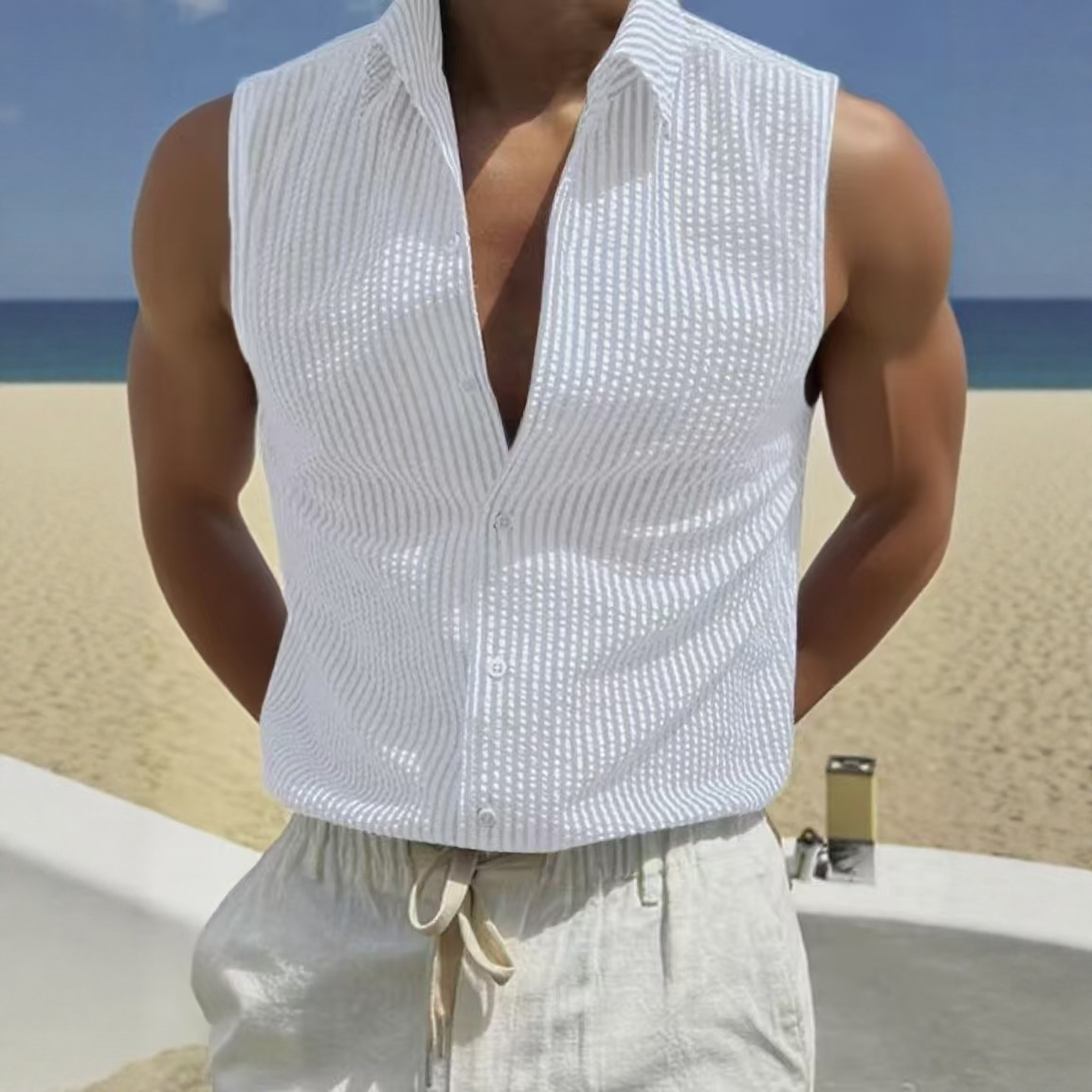 2025 New Summer Stripesd Sleeveless Shirt Men's Slim Breathable Lapel Vest