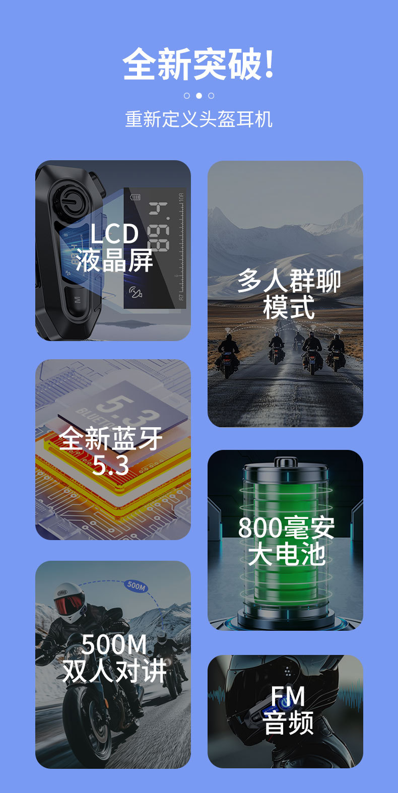 Cross-Border Motorcycle Helmet-Specific 5.4 Bluetooth Headset with Led Screen Digital Display, Fm Radio, and Intercom Helmet Headset