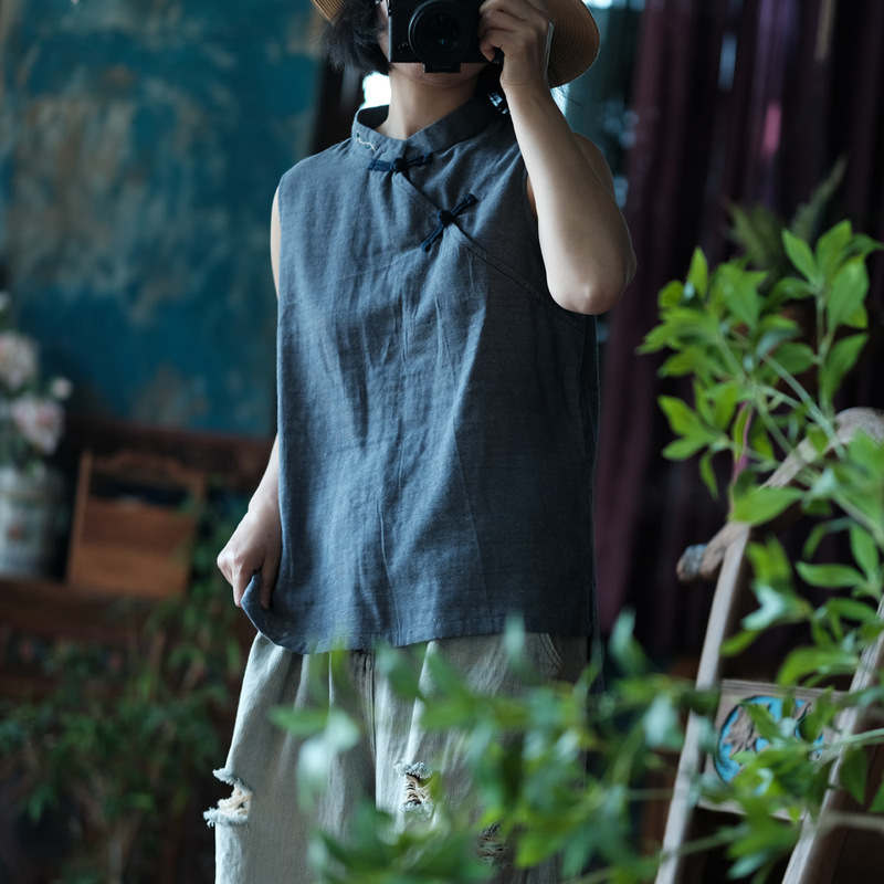 Lightly Customized Chinese-Style Improved Yarn-Dyed Pure Cotton Button Sleeveless Shirt Tea Suit 1557 Lan