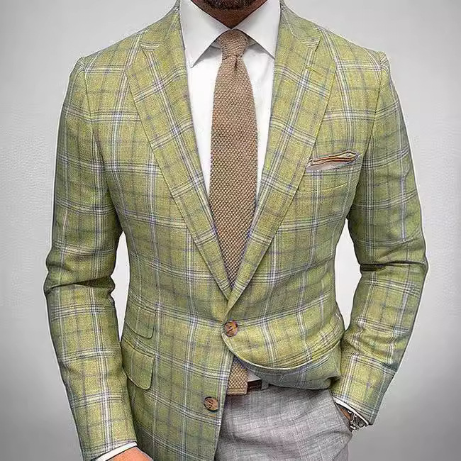 Hot selling men's轻商务男式西服格纹印花两粒扣休闲职业男西装