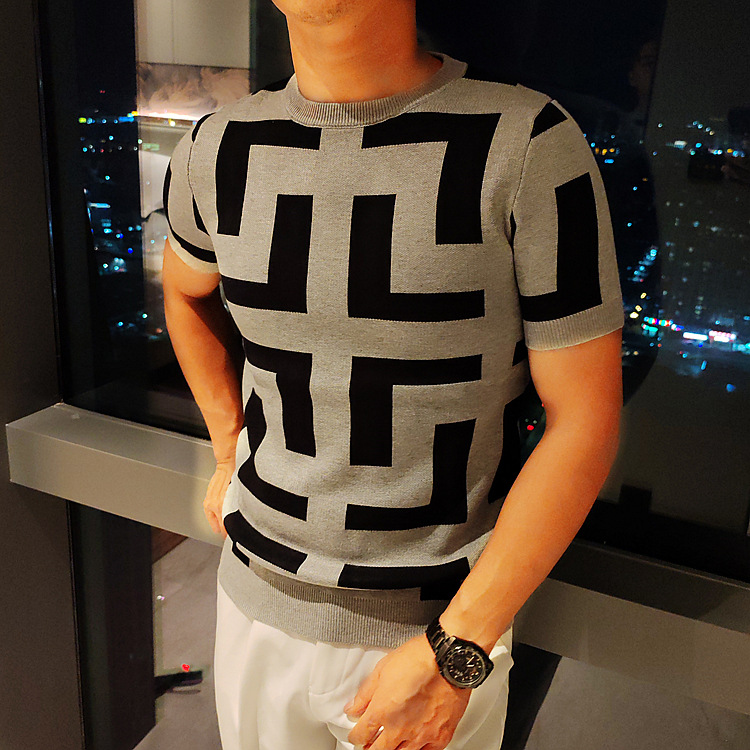 Men's short-sleeved sweater new casual slim sweater autumn and winter bottoming shirt half-sleeved shirt round neck Korean fashion