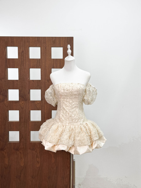 Vietnamese Niche Design Ch@N Cherry Blossom Pink Lace Tube Top Dress Princess Dress Birthday Coming-Of-Age Ceremony
