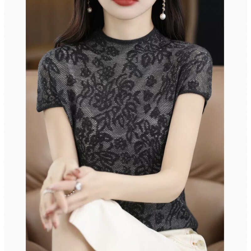 2025 Summer New Korean Style Lace Knit Short Sleeve Women's Half-Turtleneck Hollow Out Versatile Slimming Half-Sleeve T-Shirt Top Trendy 2025 Summer New Korean Style Lace Knit Short Sleeve Women's Half-Turtleneck Hollow Out Versatile Slimming Half-Sleeve T-Shirt Top Trendy