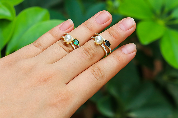 Plating Design Fashion Style Wholesale Jewelry Copper Micro-inlaid Zircon Pearl Double-layer Opening Ring