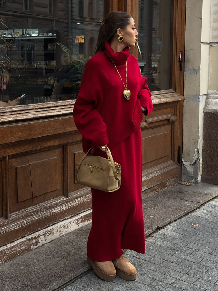 Bộ đầm áo len cổ cao dài tay phối chân váy dài dệt kim form rộng nữ — 50% Visco, 30% Polyester, 20% Nylon, Màu trắng be, Màu xanh lam, Màu xám