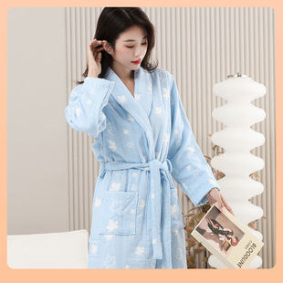 Japanese-Style Pure Cotton Bathrobe Autumn and Winter Thickened Long Six-Layer Gauze Robe for Men and Women Couple Bathrobe Hotel Absorbent