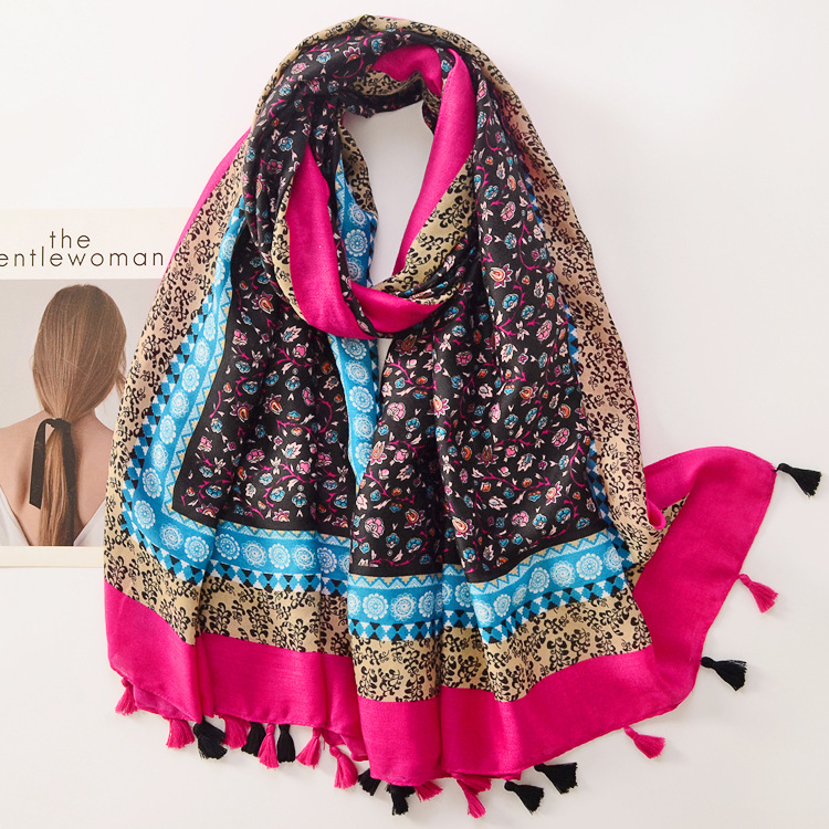 Otoño e invierno nuevo algodón y lino sensación bufanda de seda costura floral largo hecho a mano borla chal viaje protección solar bufanda caliente