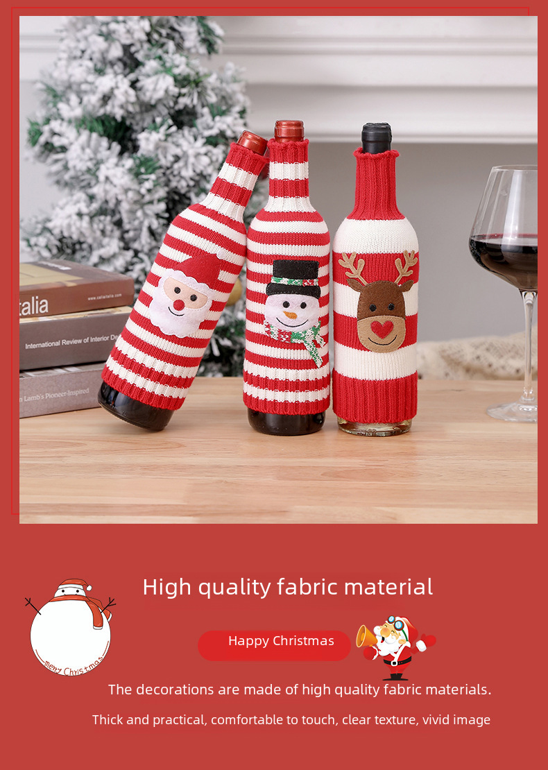 Neu Weihnachtsschmuck Wolle Acryl Gestrickte Gestreifte Weinflasche Set Elch Schneemann Wein Champagner Flasche_voghion.com