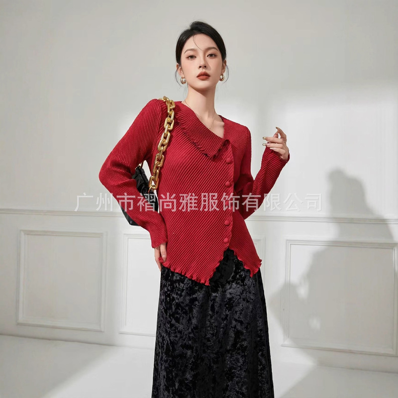 Directly from the Manufacturer: 2025 Autumn and Winter New Style Pleated Collared Lace-Up Slim-Fit Elegant Commuter Base Shirt Directly from the Manufacturer: 2025 Autumn and Winter New Style Pleated Collared Lace-Up Slim-Fit Elegant Commuter Base Shirt