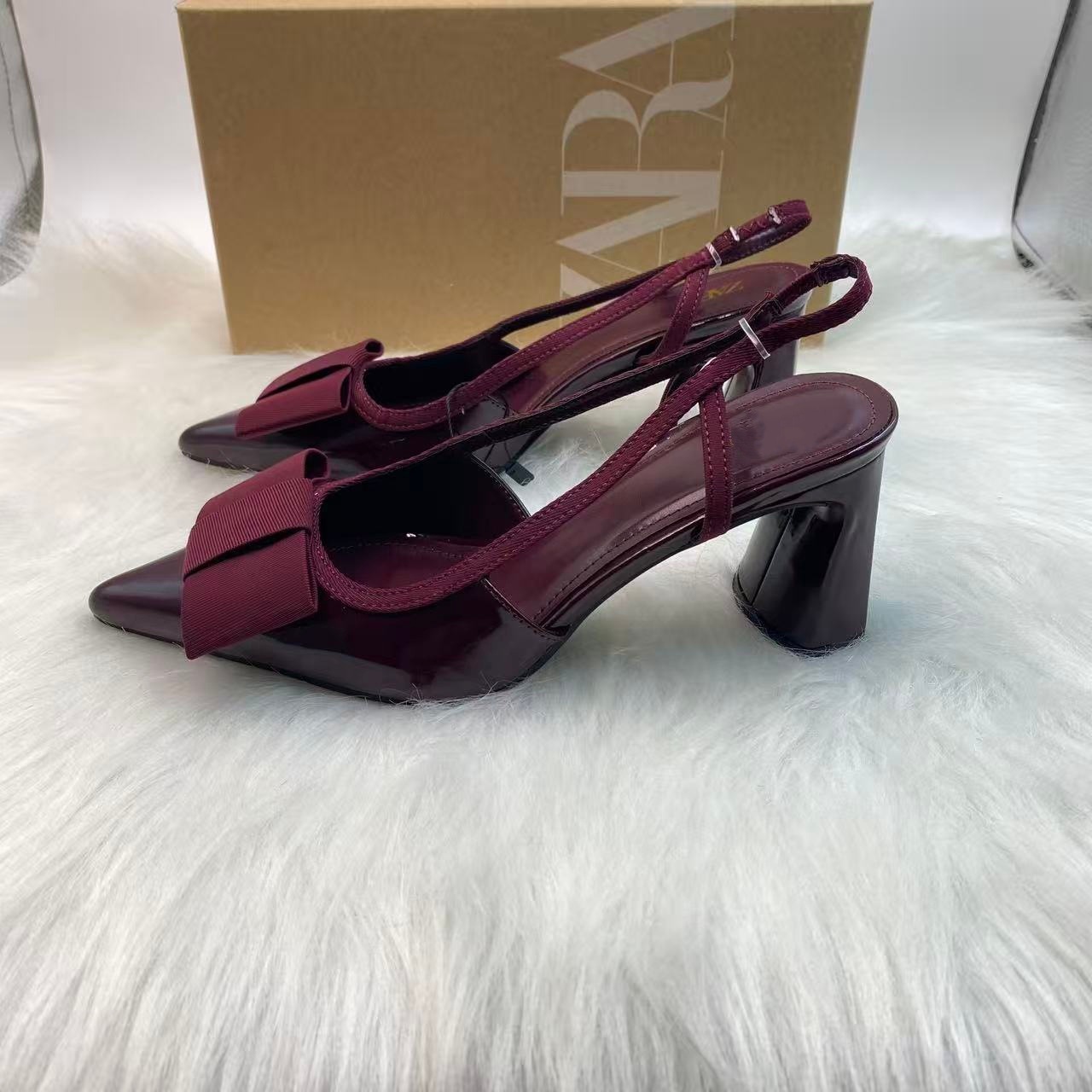 Za2025 Spanish Women's Shoes with Bow Decoration, Open Heel, Thick Heel, Pointed Toe High Heels, Toe-Cap Sandals, Flats