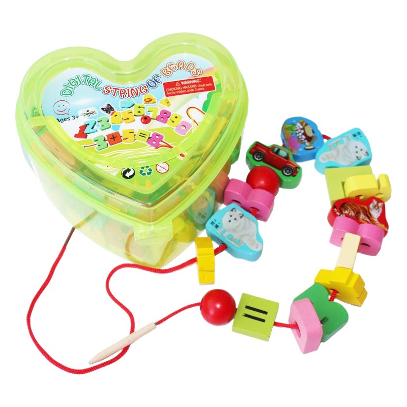 Directo de la fábrica de Madera Juguetes Educativos en forma de corazón de frutas animales letras y números de cuentas de inteligencia juguetes de cuerda de la música