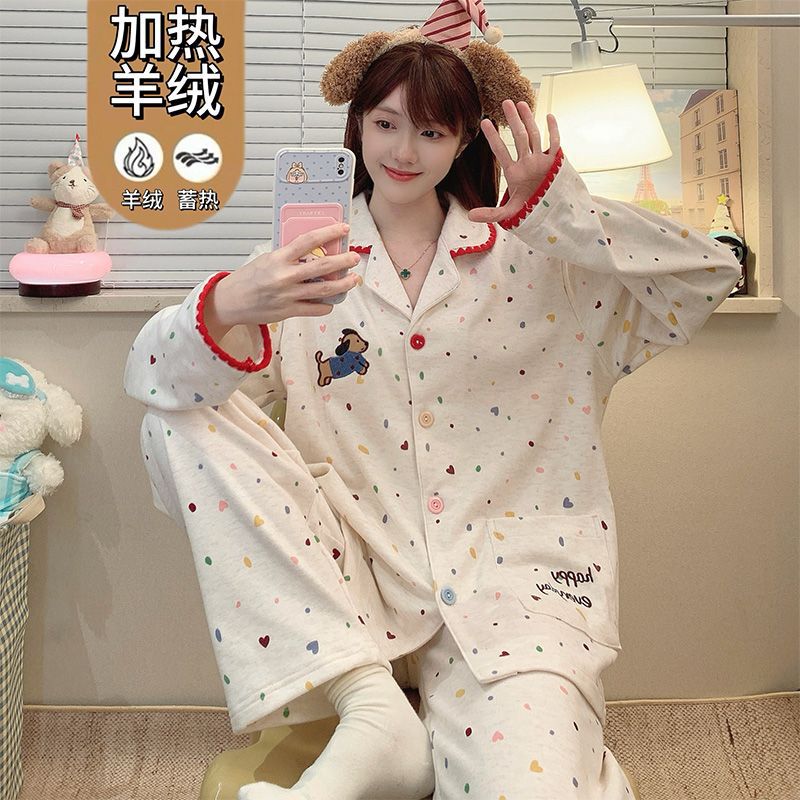 Autumn and winter warm cashmere sweet cartoon casual long-sleeved long pants two-piece set for women, suitable for both indoor and outdoor wear Autumn and winter warm cashmere sweet cartoon casual long-sleeved long pants two-piece set for women, suitable for both indoor and outdoor wear