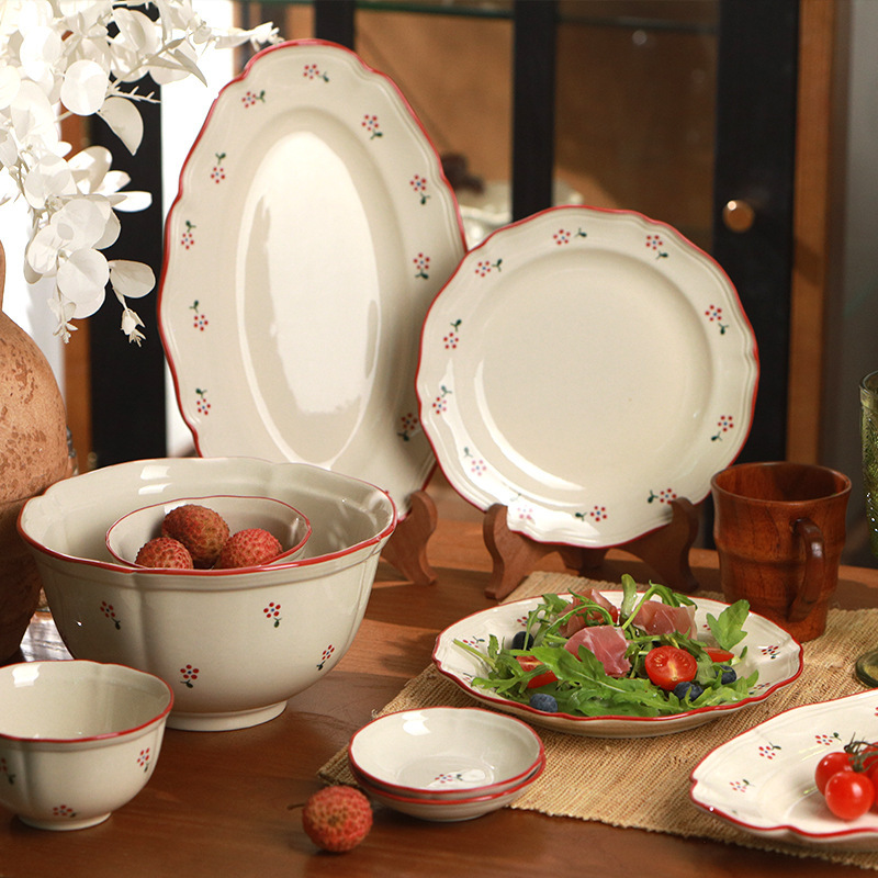 Pastoral Style Retro Ceramic Bowl and Plate Set Hand-Painted Underglaze Color Household Rice Bowl Dish Plate Noodle Bowl Soup Bowl Tableware